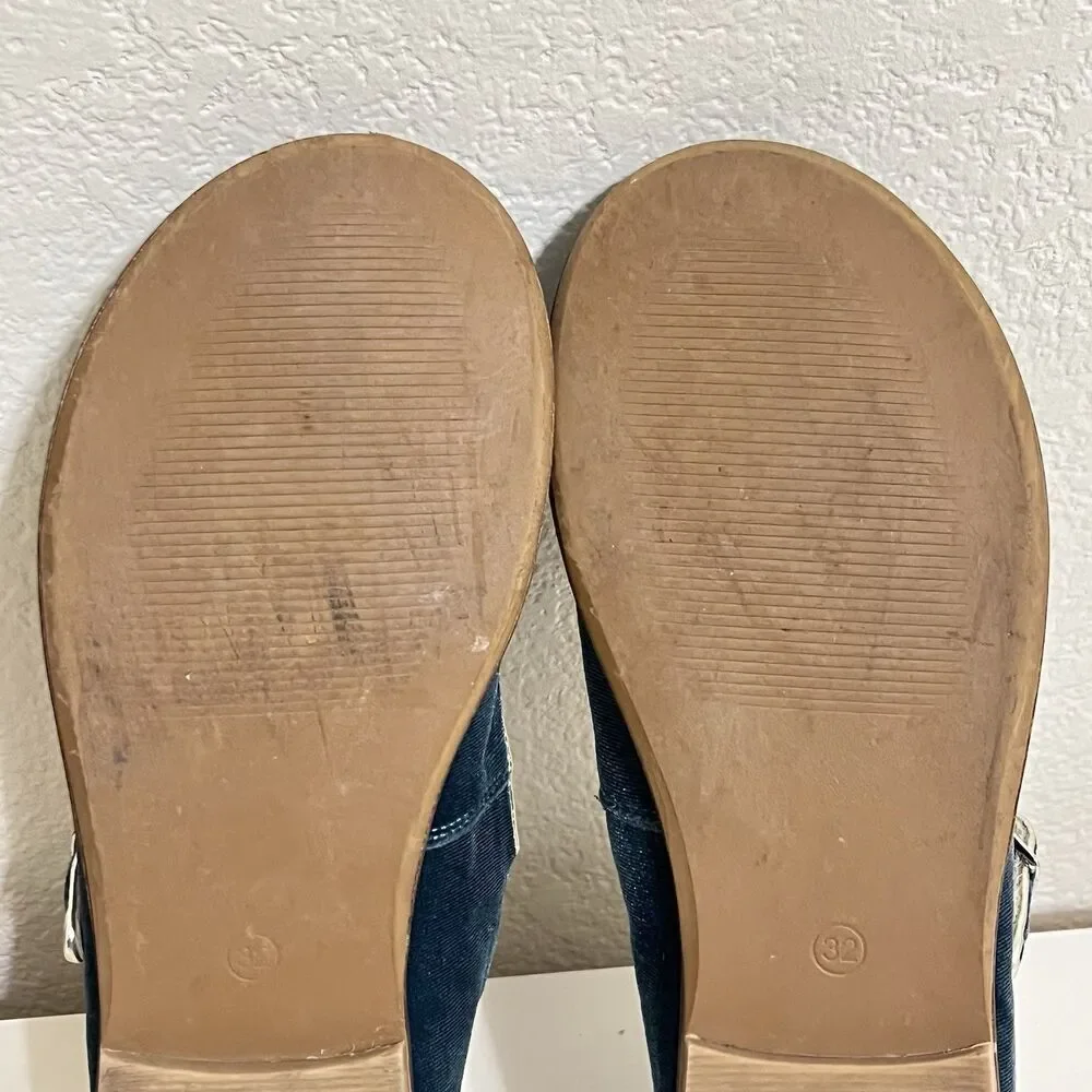 Mini Boden Blue Velvet Mary Jane Shoes Buckle Flats Girls Size 32 US 13.5